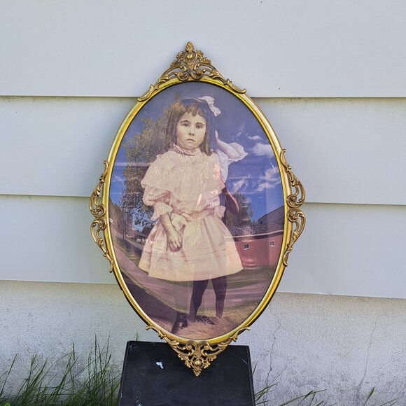 Antique Bubble Glass Brass Frame & Picture - Picture 1 of 11